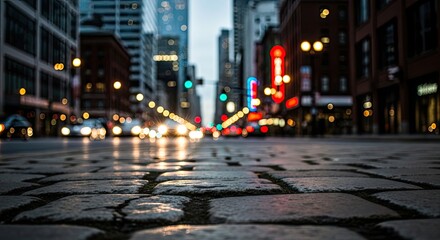 Obraz premium Rainy City Street at Night with Blurred Lights and Wet Cobblestones.