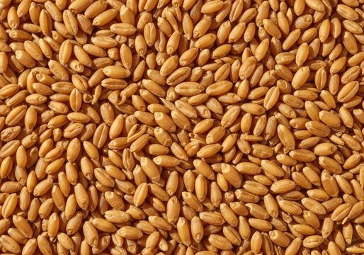 A natural, rustic background texture made entirely of golden yellow dry wheat grains, offering copy space and a harvest theme, staple, ingredient, raw