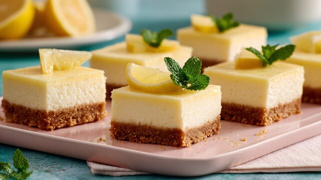 Lemon ricotta cheesecake bars with a smooth creamy center and crumbly crust sliced into neat squares and displayed on a pastel serving tray