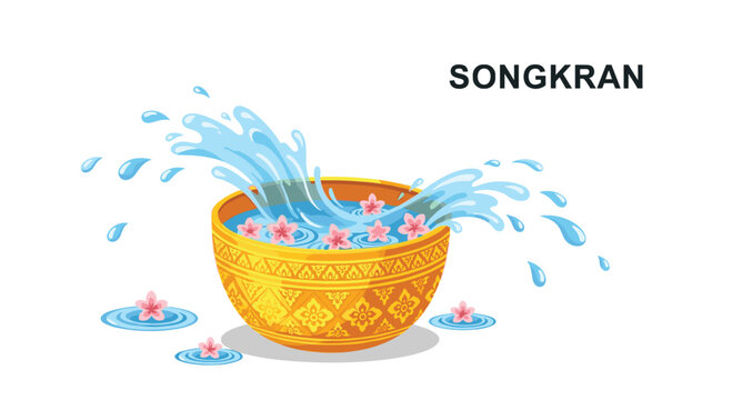 Traditional golden water bowl with jasmine flowers and water splashing to celebrate the songkran festival in thai culture style.