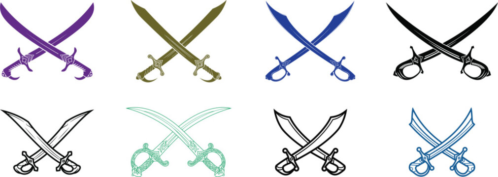 Crossed swords and scimitars collection for historical middle eastern warfare and ancient military heritage symbols of protection.