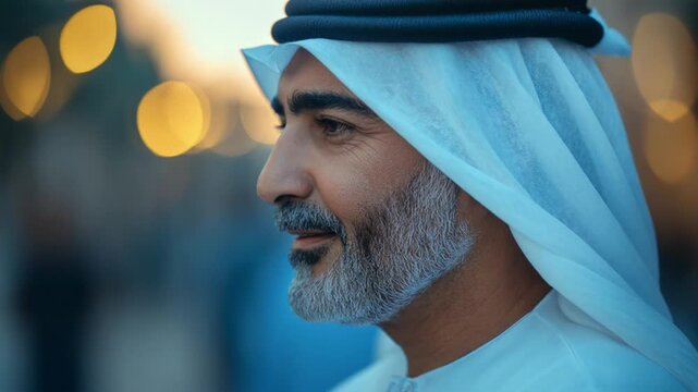 Mature arab man in traditional kandura and ghutra headwear smiling with bokeh lights background