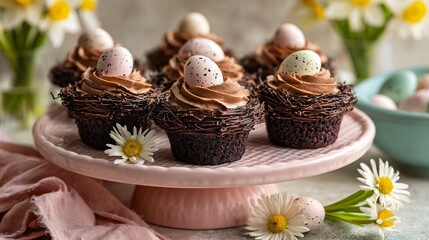 Obraz premium Mini chocolate nest cupcakes topped with swirls of silky chocolate buttercream and speckled candy eggs, arranged on a pastel cake stand with fresh daisies scattered across a linen tablecloth