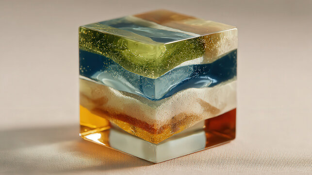 Vibrant, glossy cube layers in green, blue, amber, and white