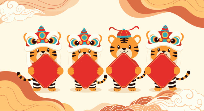 Four cute tiger characters wearing traditional lion dance costumes holding red envelopes for chinese new year festival.