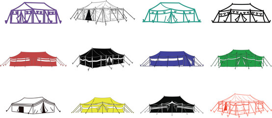 Naklejka premium Variety of colorful tent illustrations in different shapes and designs for outdoor camping, events, and adventure settings, all on white background.