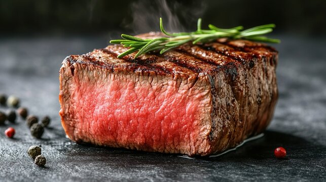 seared. Perfectly cooked steak with grill marks and rosemary, emphasizing culinary perfection. menu design, packaging mockups, designed for food delivery and cloud-kitchen brand materials.