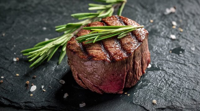 seared. Perfectly cooked steak with grill marks and rosemary, emphasizing culinary perfection. menu design, packaging mockups, designed for food delivery and cloud-kitchen brand materials.