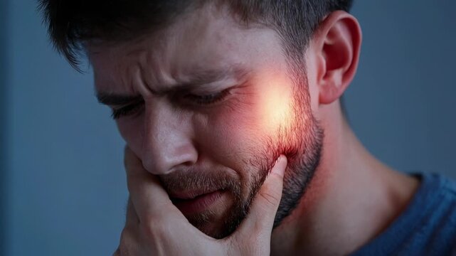 Young man with a beard touching his cheek while feeling an intense toothache and dental pain