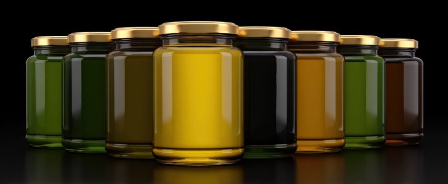 Jars filled with premium olive oil lined up perfectly next to each other