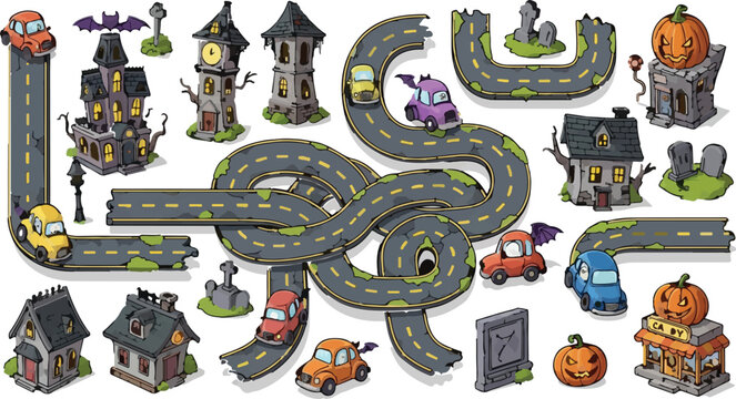 Spooky Halloween town map creator kit with haunted houses and winding roads, cartoon graveyard construction set with pumpkins and monster cars, vector icons