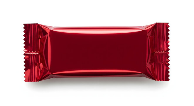 A red candy wrapper on a white background with a shiny metallic surface
