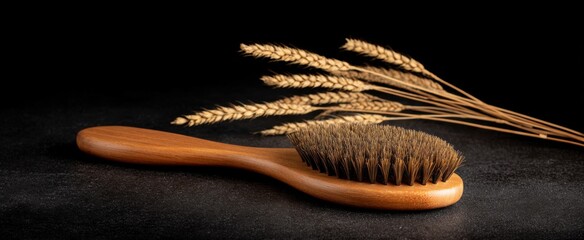 Fototapeta premium Wooden Hairbrush rests like a golden grain against a rich dark canvas showcasing nature's touch.