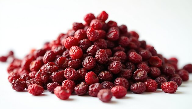 Pile of dried cranberries, red color, sweet and tart flavor. Healthy food ingredient, natural snack, or garnish for dishes. Used in baking, salads, and trail mixes. Full of vitamins and antioxidants.