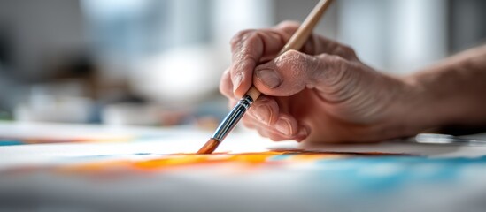 Fototapeta premium Close-up of hand painting with brush, colorful abstract on white surface