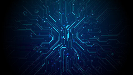 Fototapeta na wymiar Modern circuit board pattern with glowing blue lines and AI chip elements. Digital tech background for futuristic computer design concepts and electronic network graphics. Vector illustration.