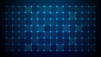 Grid Tech Background In Blue Pattern With Line Square Data Interface Hud Elements. Futuristic Digital Screen With Glowing Dots, Abstract Structure and High-Tech Network Texture Vector Illustration. © AntonKhrupinArt