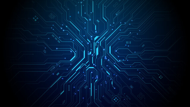 Modern circuit board pattern with glowing blue lines and AI chip elements. Digital tech background for futuristic computer design concepts and electronic network graphics. Vector illustration.