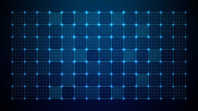 Grid Tech Background In Blue Pattern With Line Square Data Interface Hud Elements. Futuristic Digital Screen With Glowing Dots, Abstract Structure and High-Tech Network Texture Vector Illustration.