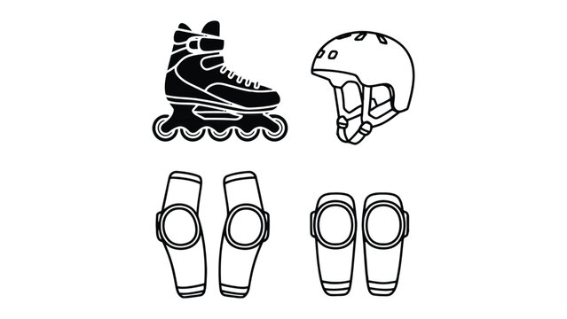 Inline Skating Safety Gear Set: A detailed illustration of inline skates, a helmet, and protective pads, showcasing essential safety equipment for inline skating. 