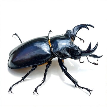 A large black beetle with shiny elytra and distinctive horns