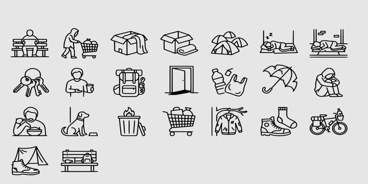 icon set collection of homelessness awareness and social welfare symbols depicting temporary shelters, charity needs, and survival challenges for urban living.