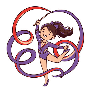 Young girl performing rhythmic gymnastics dance.