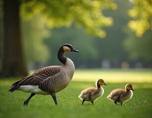 Fototapeta premium Adult goose, two goslings walk on green grass in park. Mother bird leads her cute baby chicks through foliage, trees. Wildlife family exploring natural outdoor environment. Peaceful nature scene.