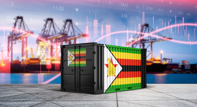 Zimbabwe Trade: A shipping container emblazoned with the Zimbabwean flag stands prominently against a backdrop of a bustling harbor, financial data, and maritime cranes.
