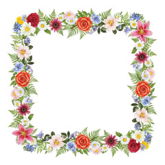 Fototapeta premium Floral wreath with roses, daisies, and wildflowers isolated on transparent background