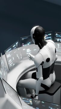 Looping robot in server room monitors systems via futuristic interface