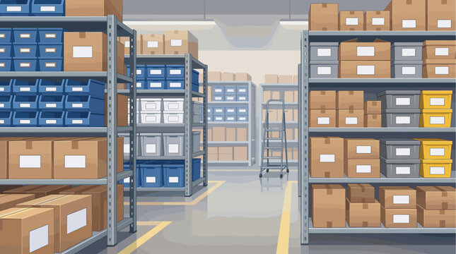 A clean, organized warehouse interior with tall shelves stocked with cardboard boxes, blue bins, and storage containers, featuring a ladder and yellow floor markings.