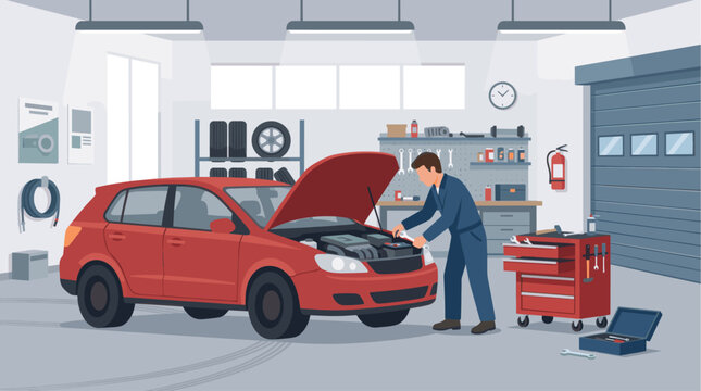 A mechanic in blue overalls works on a red car with its hood open inside a well-lit garage, surrounded by tools and car parts, suggesting automotive service.