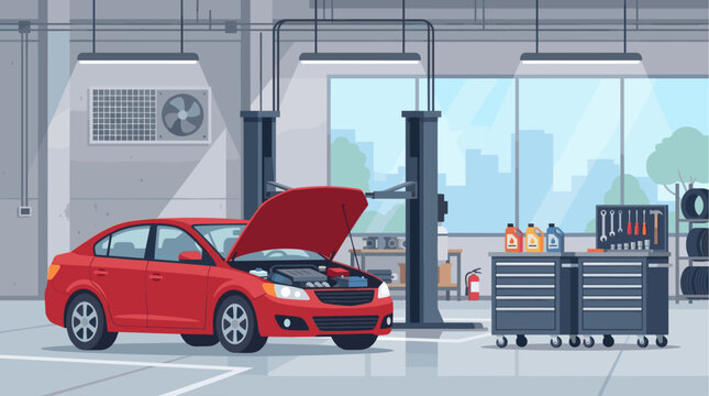 A flat design illustration of a red car with its hood open in a clean, modern auto repair garage, featuring a car lift, tool chest, and windows showing city buildings.