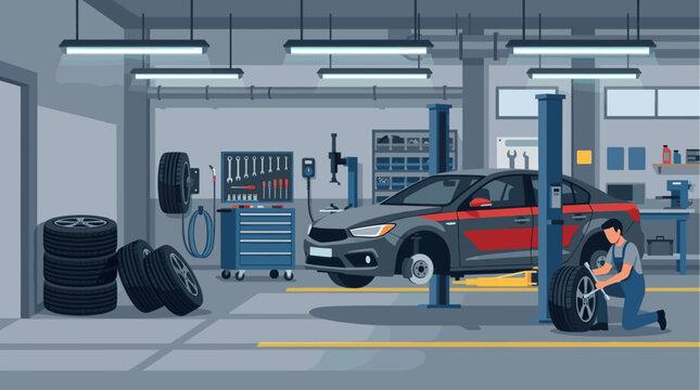 A mechanic in blue overalls kneels to change a car tire inside a brightly lit auto repair garage with tools and spare tires visible.