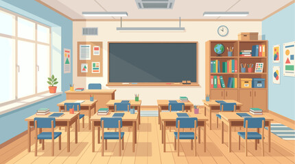 Fototapeta premium A brightly lit, empty classroom with wooden desks, blue chairs, and a large blackboard, perfect for educational concepts and back to school themes.