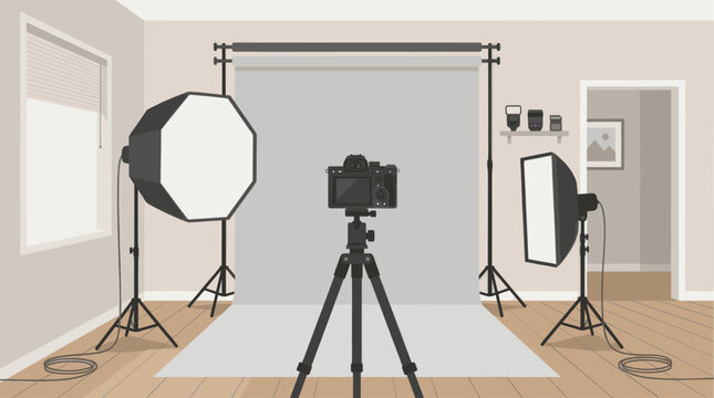 A clean and minimalist vector illustration depicts a professional photography studio setup with a camera on a tripod, softbox lights, and a backdrop, ready for a shoot.
