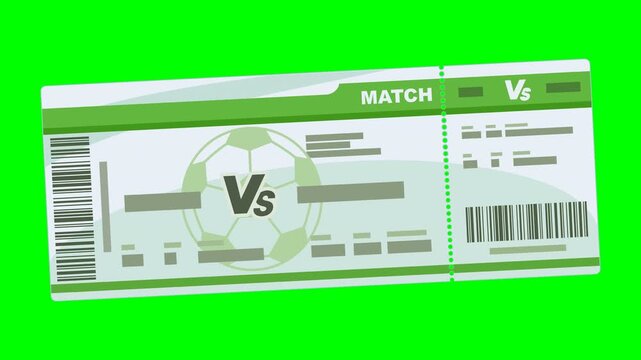 A soccer match ticket falling from the top to the center of the frame for sports event access. Chroma key green screen with alpha channel.