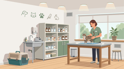 Fototapeta premium A female veterinarian gently examines a tabby cat on an examination table in a bright, clean veterinary clinic, surrounded by medical supplies and pet-themed decor.