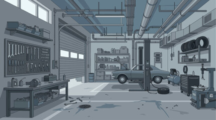 Obraz premium This illustrative vector art depicts a detailed car repair garage interior, featuring a car on a lift, tools, and organized shelves, suggesting maintenance and service.