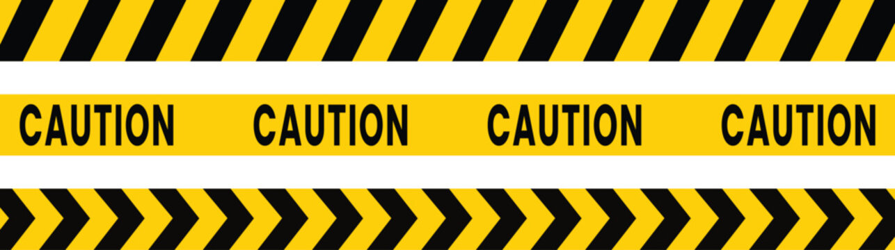 Yellow and black striped caution tape with repeated text 'CAUTION' and warning chevron pattern for safety.