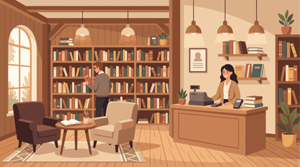 Fototapeta premium A cozy bookstore interior features a man browsing books near a window and a woman at the checkout counter, with bookshelves, armchairs, and plants.
