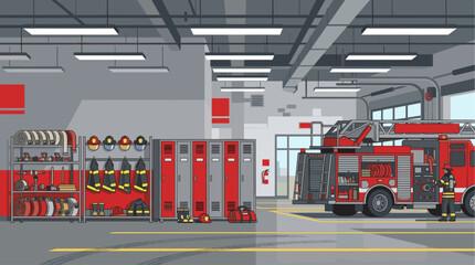 Fototapeta premium A detailed illustration of a fire station interior featuring a fire truck, lockers, and various firefighting equipment, evoking a sense of readiness and safety.