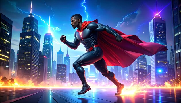 A figure with dark skin, wearing a sleek suit and red cape, sprints forward against a backdrop of a city with lightning