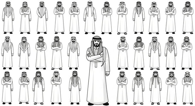Group of men in traditional Arab clothing standing together in a line.