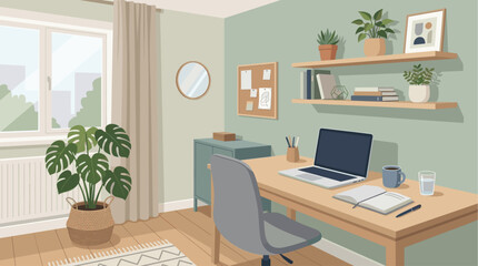 Fototapeta premium A bright and airy home office scene featuring a wooden desk with a laptop, notebook, and coffee cup, complemented by lush green plants and a large window.