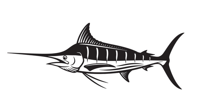 Marlin fish silhouette tattoo style with bold black line art and long body fins on clean white background