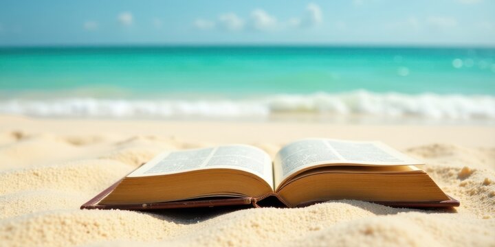 Open book resting on a sandy beach with ocean waves gently lapping the shore in the background