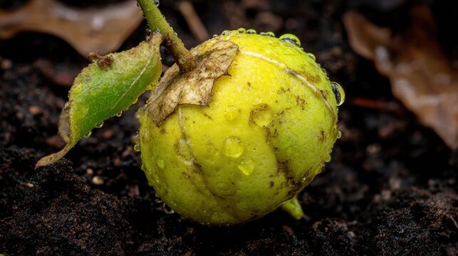 euclid. A rotting fruit on damp soil with morning light and water droplets. menu design, packaging mockups, designed for culinary blogs and recipe cards for restaurants, simplifies recipe learning.