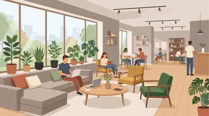 Naklejka premium A vibrant, modern office lounge with diverse people working on laptops, reading, and conversing near large windows with city views and abundant plants.